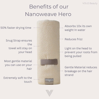 Hero Hair Towel – Ultra Soft Nanoweave™ Microfiber, Super Absorbent Quick Dry, Reduces Dry Time 50%, Anti-Frizz & Breakage, Secure Snug Strap, Large Wrap for All Hair Types - Luna Gray