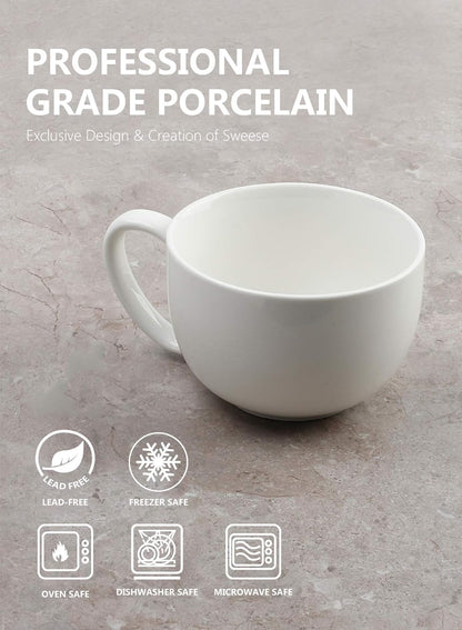 Porcelain 22Oz Large Coffee Mugs Set of 4, Large Soup Mug with Handles Perfect for Coffee, Tea, Hot Chocolate, Microwave Safe, White
