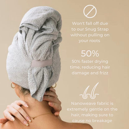 Hero Hair Towel – Ultra Soft Nanoweave™ Microfiber, Super Absorbent Quick Dry, Reduces Dry Time 50%, Anti-Frizz & Breakage, Secure Snug Strap, Large Wrap for All Hair Types - Luna Gray