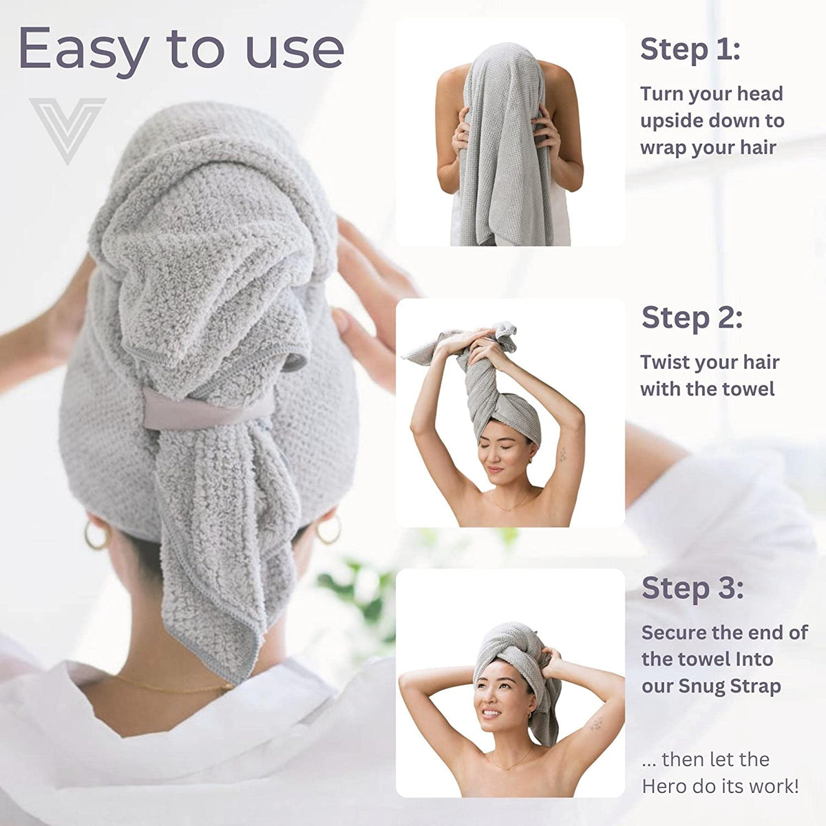 Hero Hair Towel – Ultra Soft Nanoweave™ Microfiber, Super Absorbent Quick Dry, Reduces Dry Time 50%, Anti-Frizz & Breakage, Secure Snug Strap, Large Wrap for All Hair Types - Luna Gray